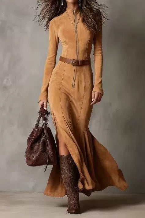 Long Sleeve Zipper Slim Fit Slit Maxi Dress