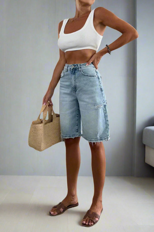 Washed Ripped Loose Denim Shorts