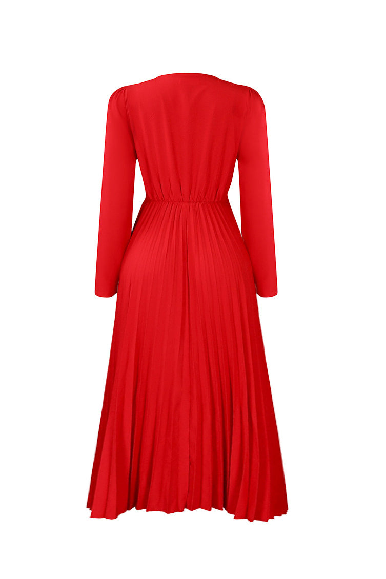 V Neck Long Sleeve Pleated Midi Dress
