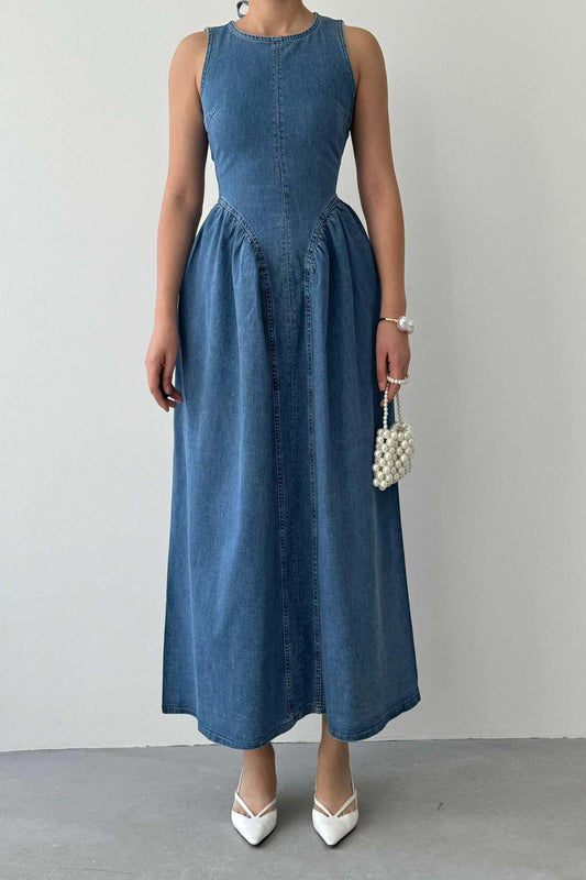 Sleeveless Drop Waist Denim Maxi Dress