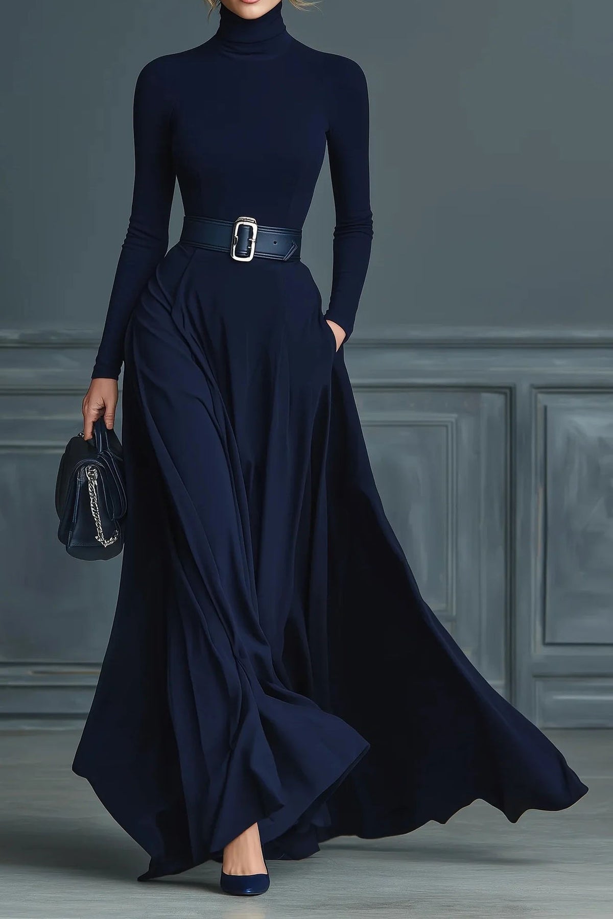 Long Sleeve High Neck Waist Tie Maxi Dress