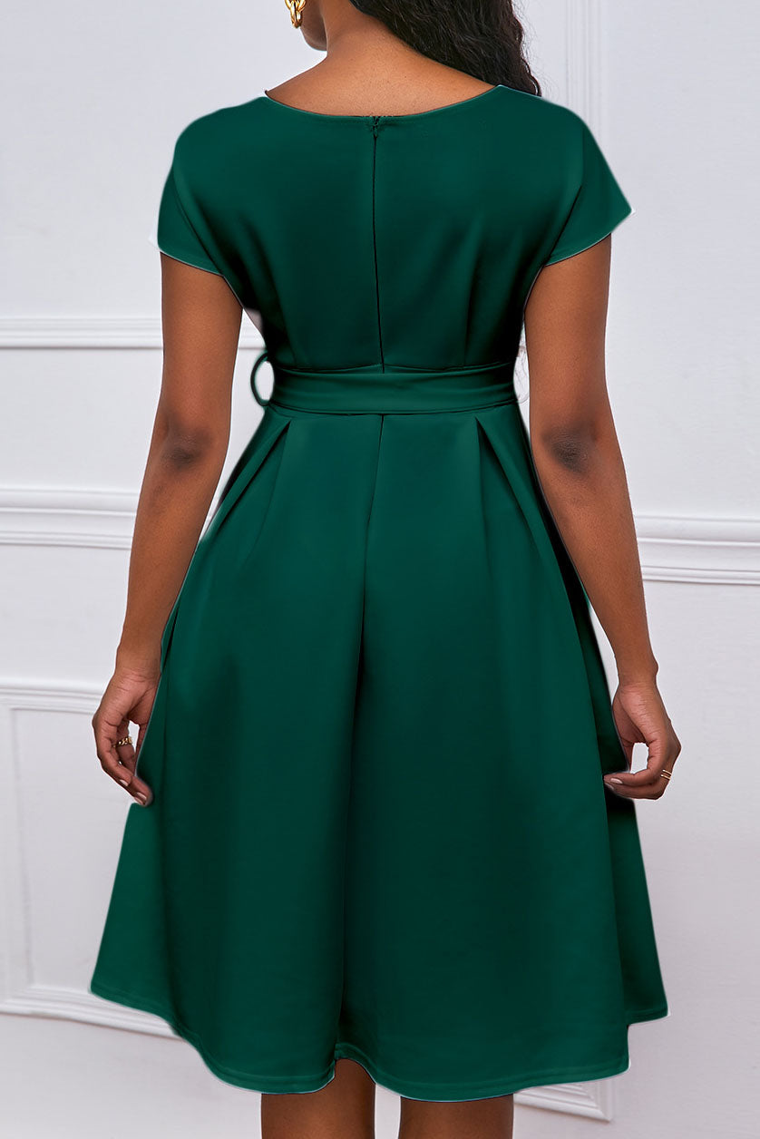 Solid Color Belted Bow Tie Waist Dress