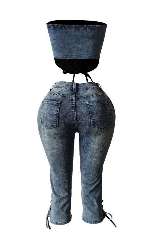 Denim Corset Top Lace-Up & Mid-Thigh Shorts Set