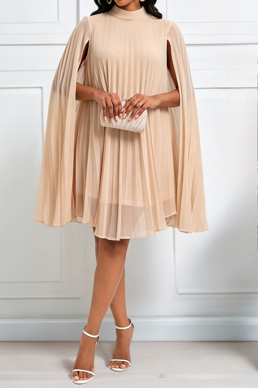 Pleated Cape Sleeve A Line Midi Dress