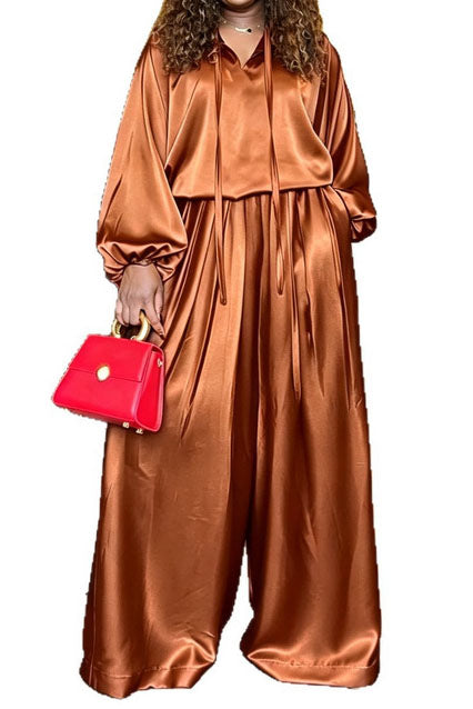 Drawstring Top & Wide Leg Pants Set