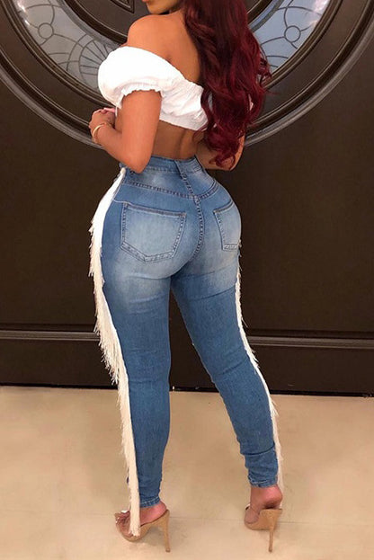 High-Rise Fringe Trim Distressed Skinny Jeans