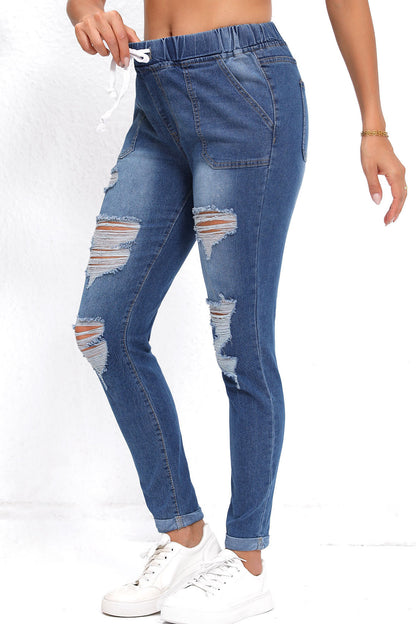 Drawstring Waist Ripped Roll Up Hem Skinny Jeans