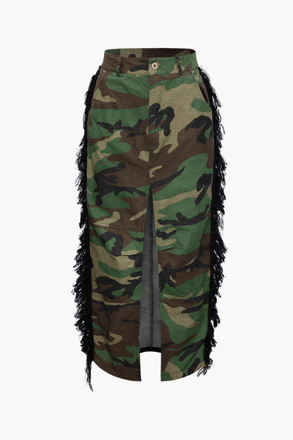Camo Fringe Split Midi Skirts