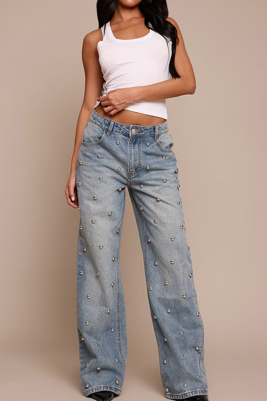 Studded High Waist Straight Leg Jeans
