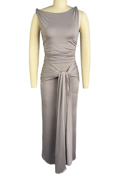 Draped Knot-Front Ruched Maxi Dress