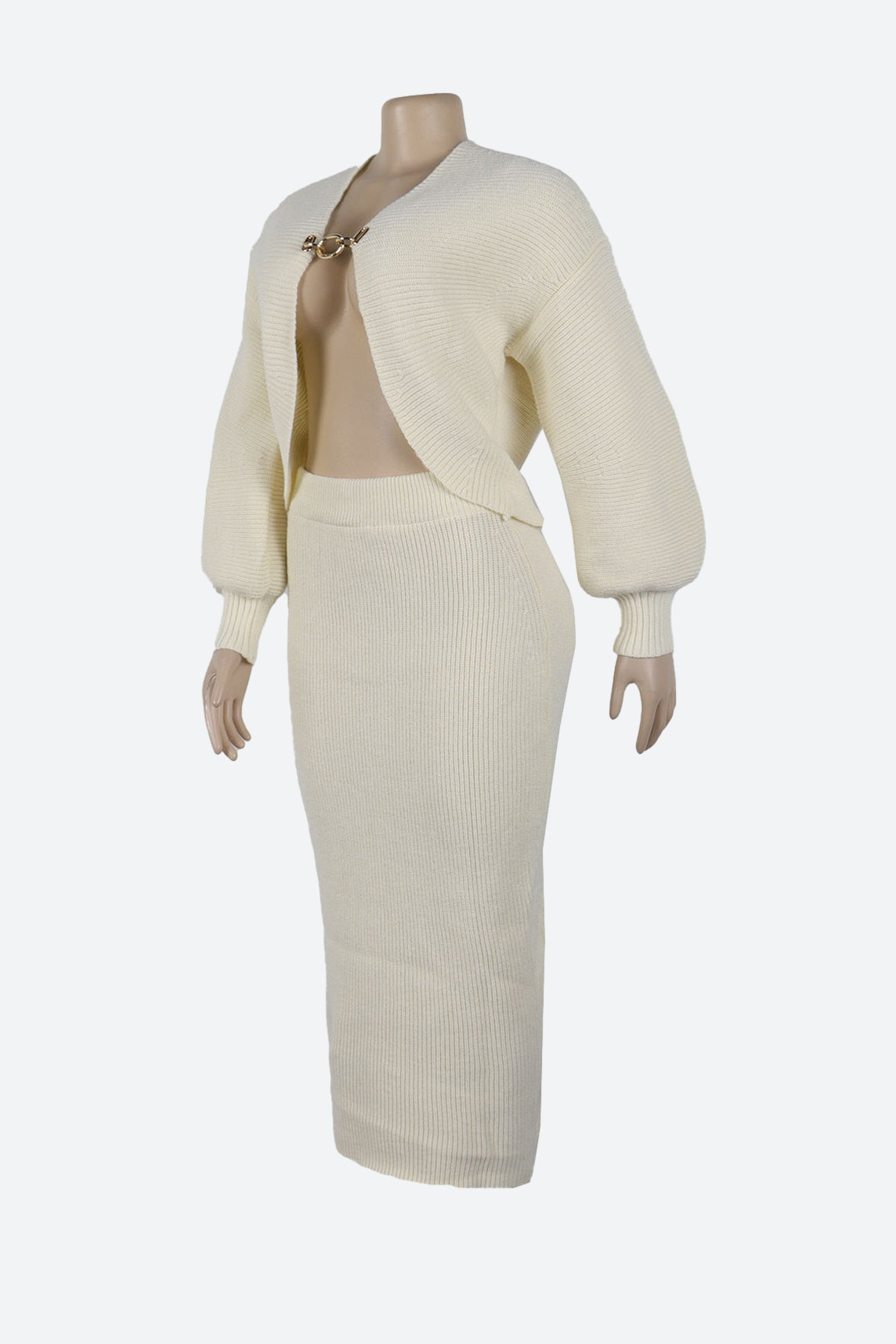 Lantern Sleeve Cardigan Midi Skirt Knit Set
