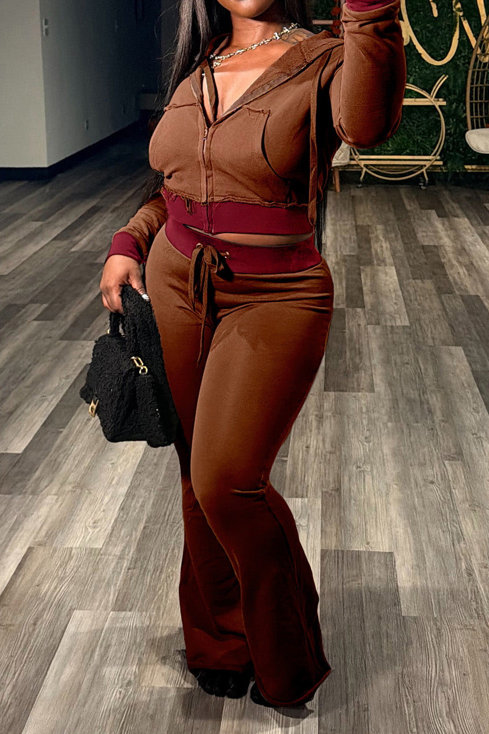 Contrast-Trim Zip Hoodie & Flare Pants Set
