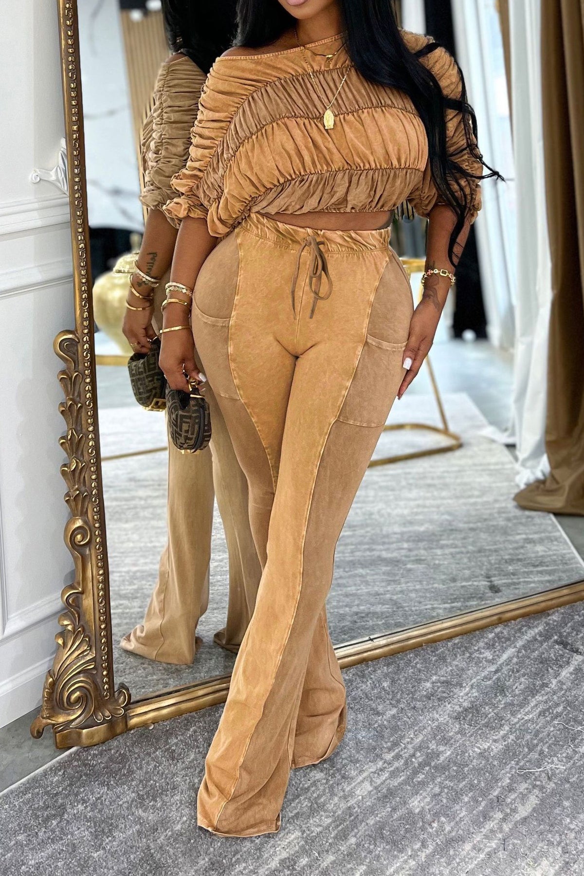 Ruched Crop Top and Lounge Pant Set