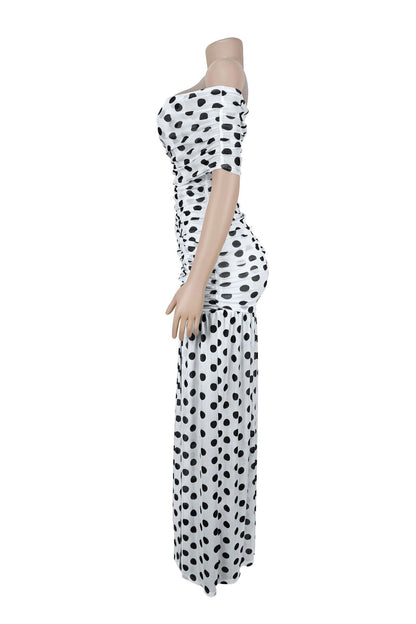 Off-Shoulder Polka Dot Ruched Maxi Dress