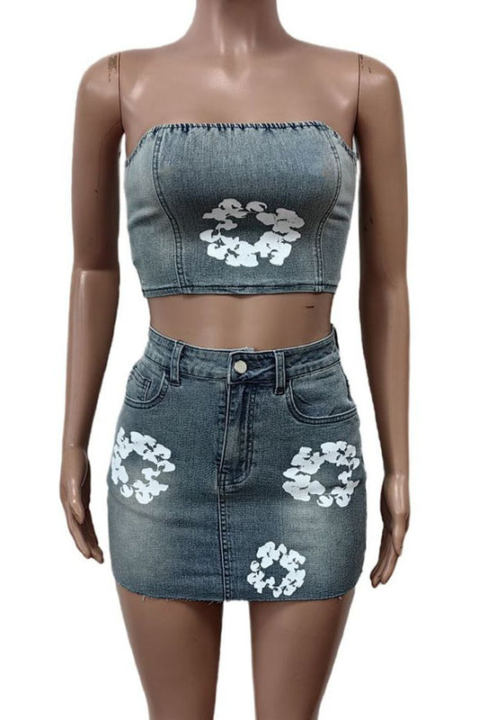 Printed Strapless Elastic Denim Skirt Set