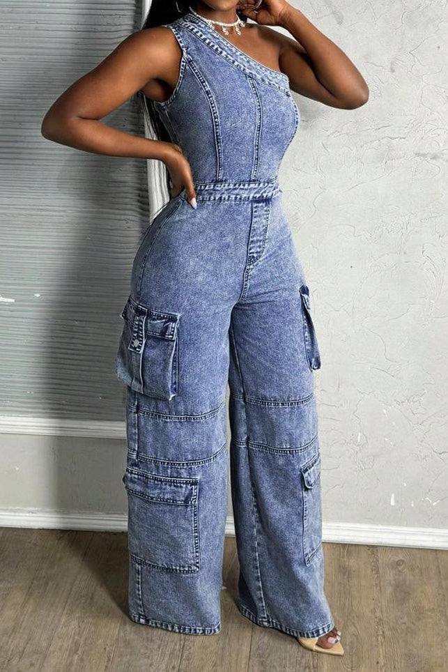 One Shoulder Stretch Denim Jumpsuit