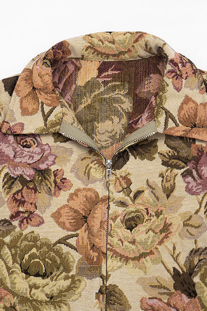 Floral Jacquard Zip-Front Collared Jacket
