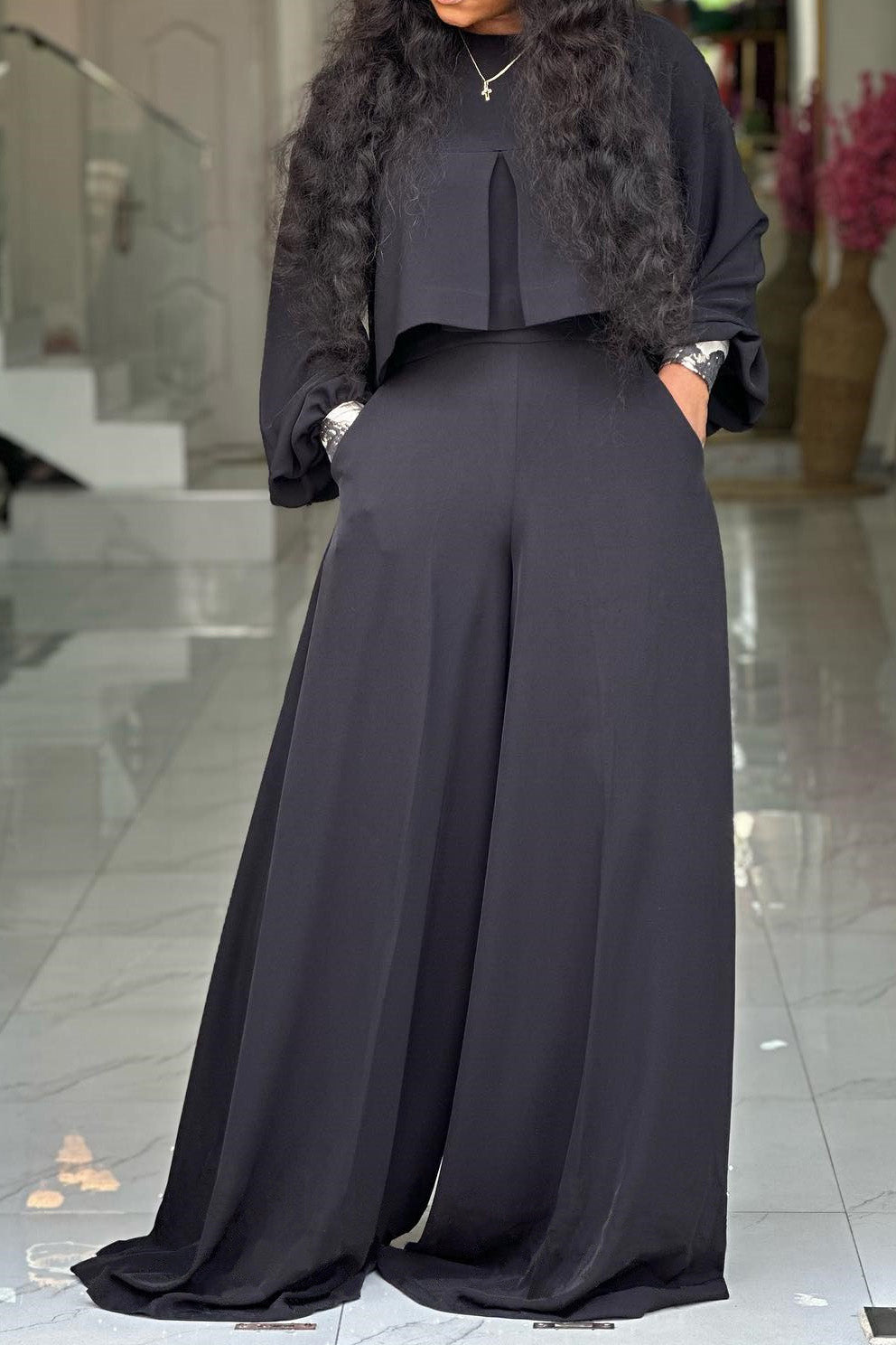 Plus Size Lantern Sleeve Wide Leg Pant Set