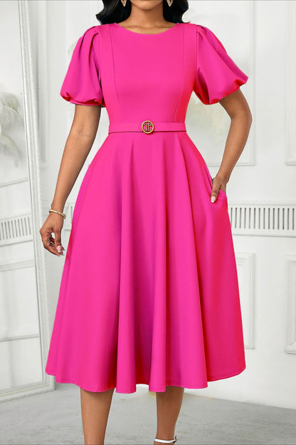 Puff Sleeve High Waist Solid Round Neck Dress
