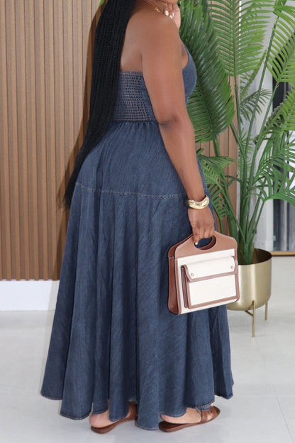 Halter Neck Tiered A-Line Denim Maxi Dress