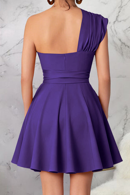 One-Shoulder Tie-Waist Pleated Mini Dress
