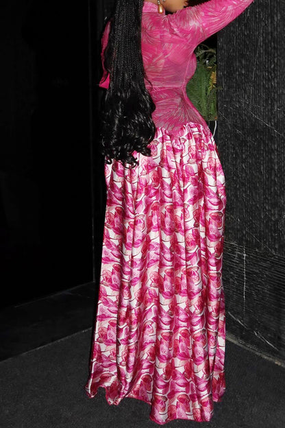 Mock Neck Mesh Floral Maxi Dress