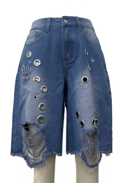 Distressed Eyelet Denim Shorts