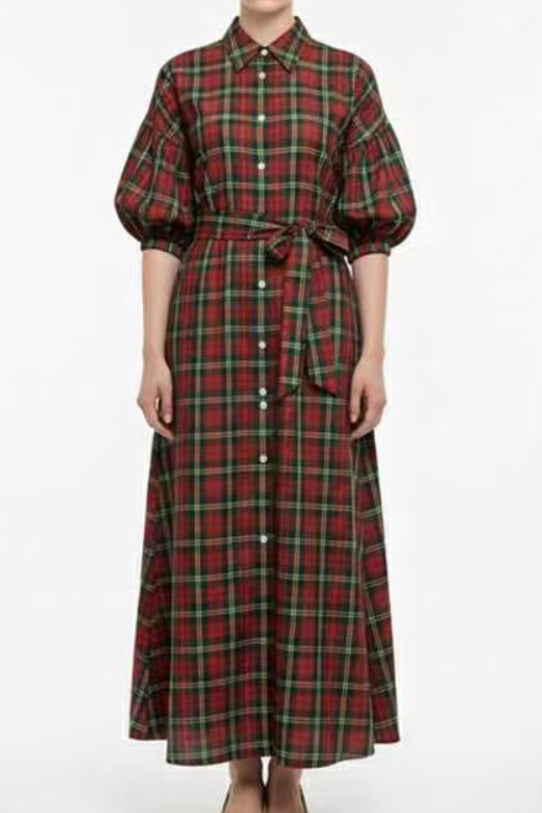 Ruffle Sleeve Plaid Button Maxi Shirt Dress