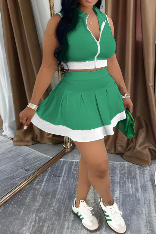 Colorblock Sleeveless Zip Top and Skirt Outfit