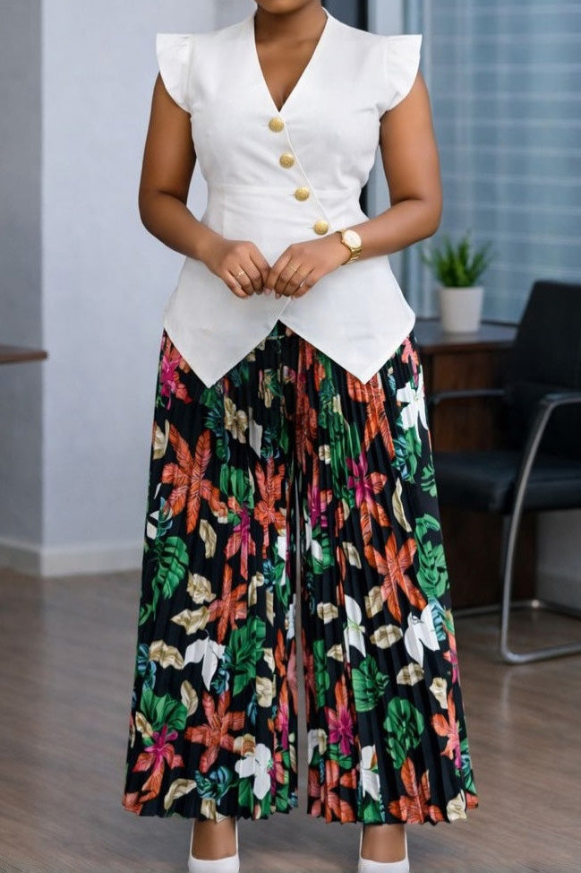 Pleated Wide Leg Pants & Asymmetric Top 2-Piece Set