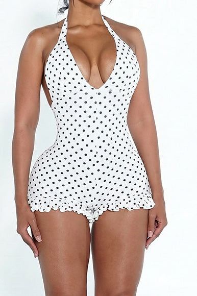 Deep V Halter Ruffle Bodycon Romper