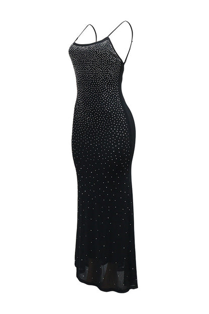 Rhinestone and Pearl Mesh Mermaid Maxi Dress