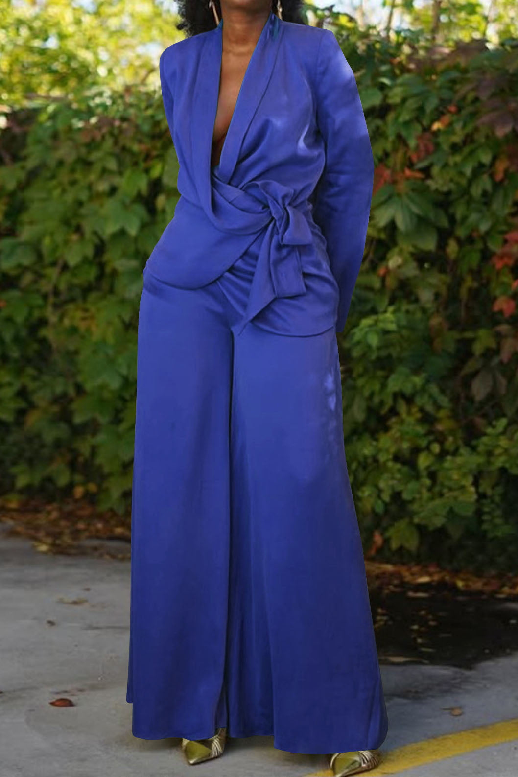 Plunging Wrap Tie Top & Wide Leg Pant Set