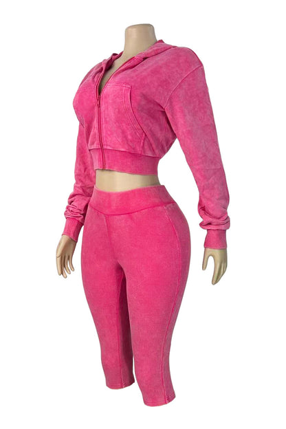 Washed Hoodie & Ribbed Capri Leggings Set