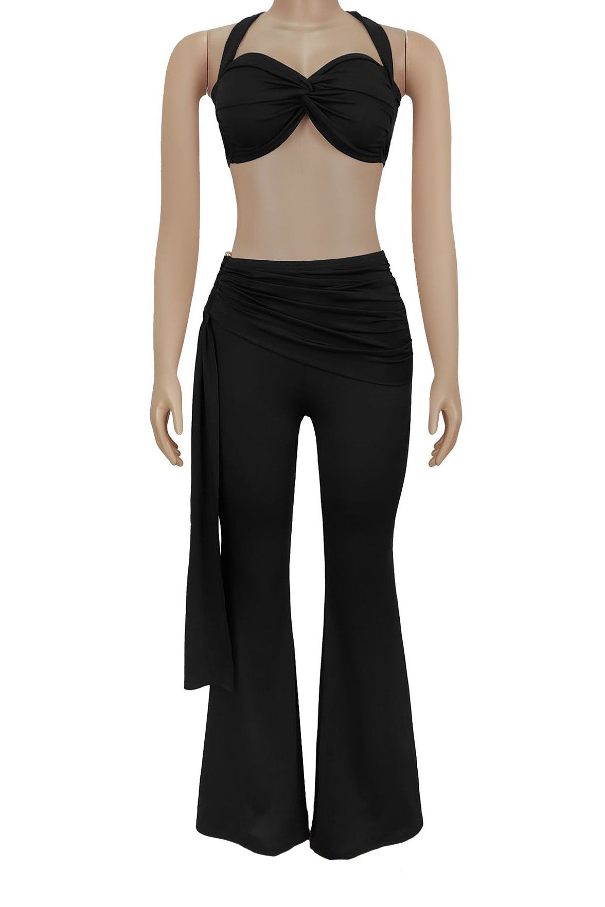 Twist-Front Halter Top & Drape Flare Pant Set