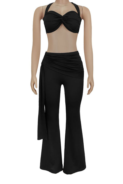 Twist-Front Halter Top & Drape Flare Pant Set