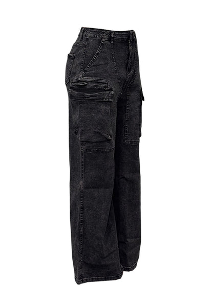 High-Rise Cargo Wide-Leg Utility Denim Jeans