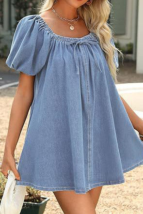 Bubble Sleeve Square Neck Denim Babydoll Dress
