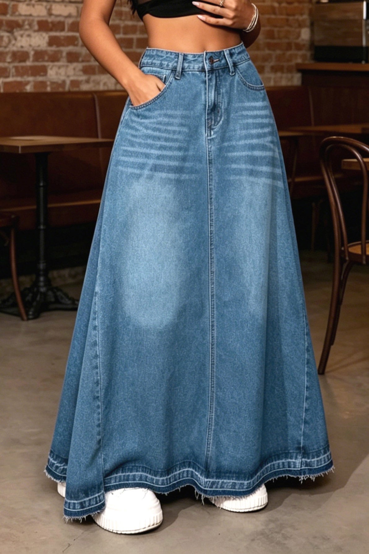 Raw-Hem A-Line Denim Maxi Skirt