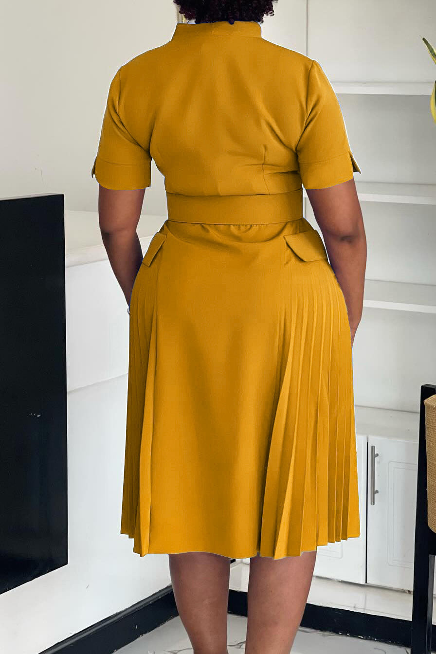 V-Neck Solid Color Plus Size Pleated Dress
