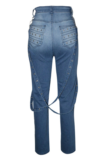 High Waist Metallic Studded Denim Jeans