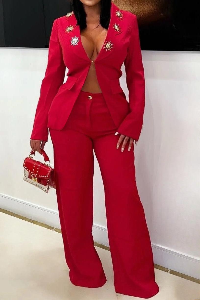 Elegant Lapel Blazer & Pants Set