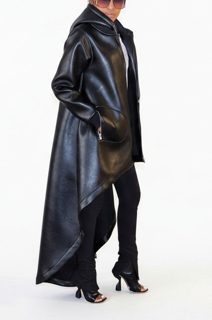 PU Hooded Drawstring High-Low Cape Jacket