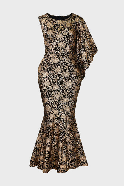 Floral Print Hot Stamping Golden Side Slit Dress