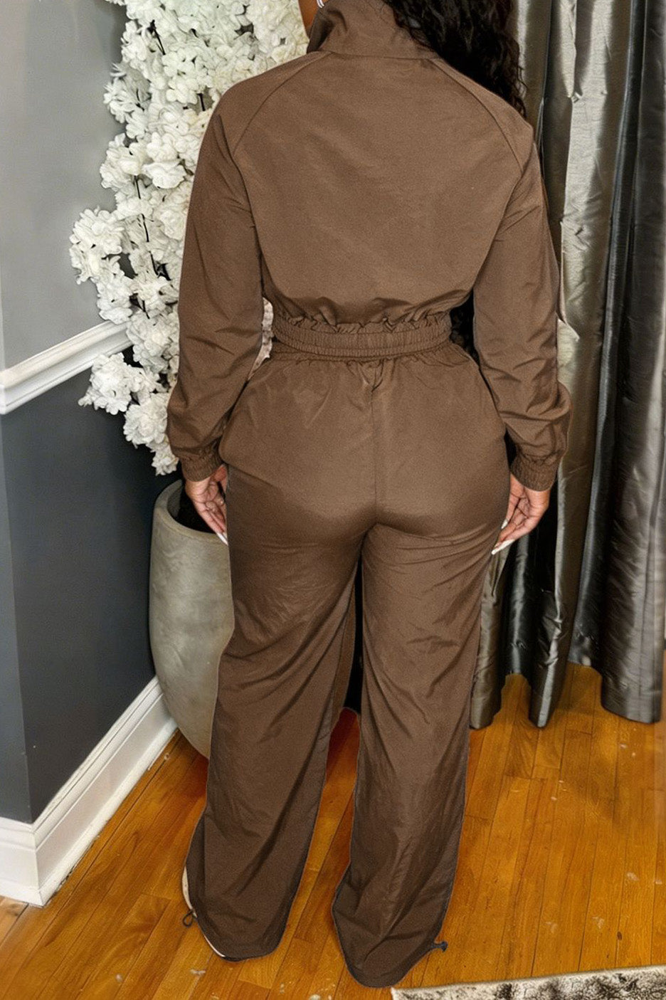 Zip-Front Piped Top & Wide-Leg Pants Set