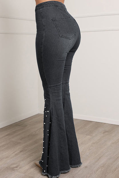 Pearl Decor Buttons Denim Flare Leg Jeans