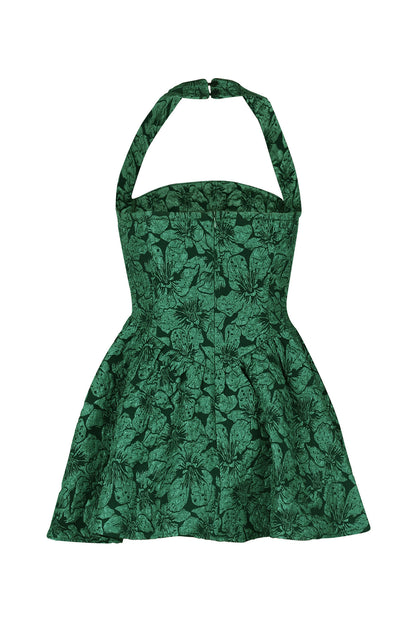 Halter Jacquard Floral Embroidery Ruffle Dress