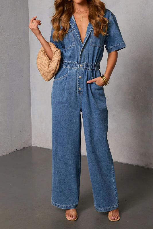 Elastic Waist Denim Jumpsuit Short Sleeve Wide Leg