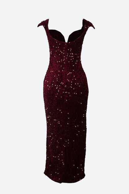 Burgundy Sequin Corset Slit Sweep Dress