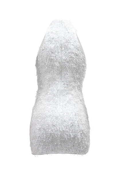 Sequin Embellished Textured Halter Mini Dress